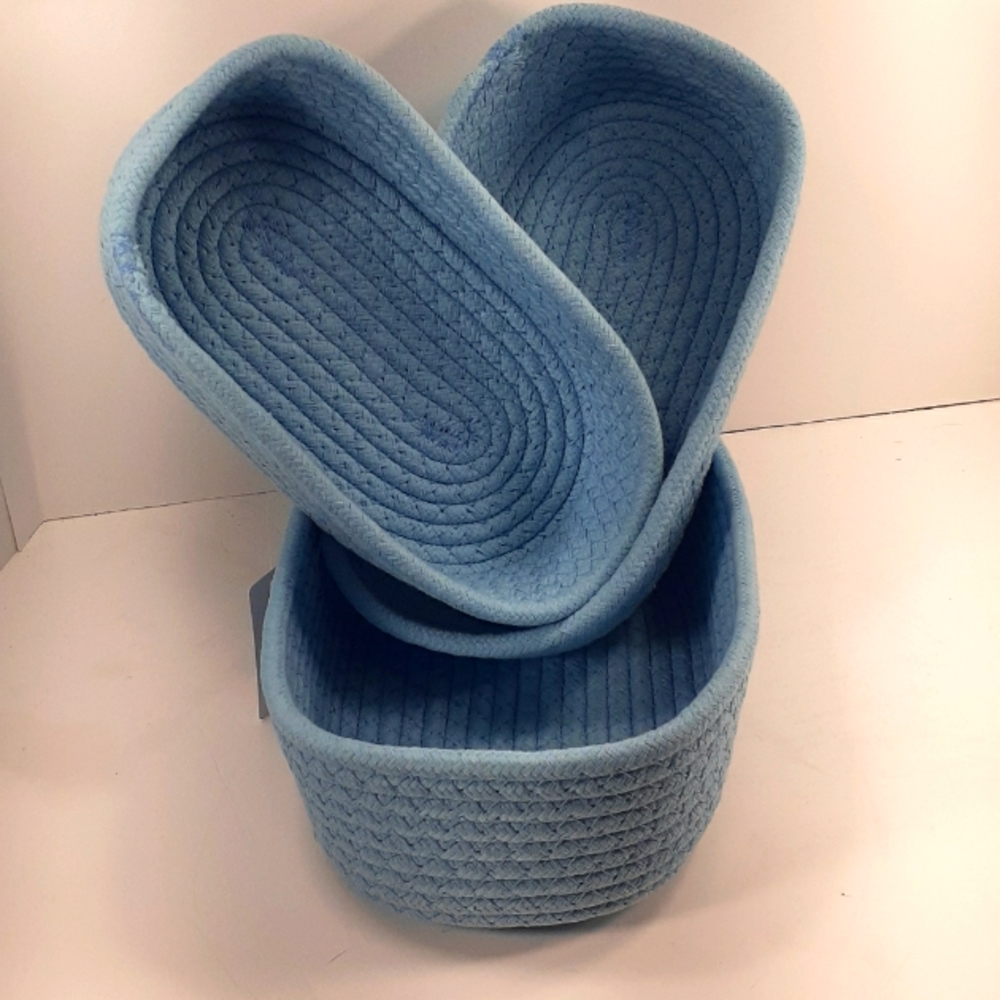 3 blue woven decorative  baskets